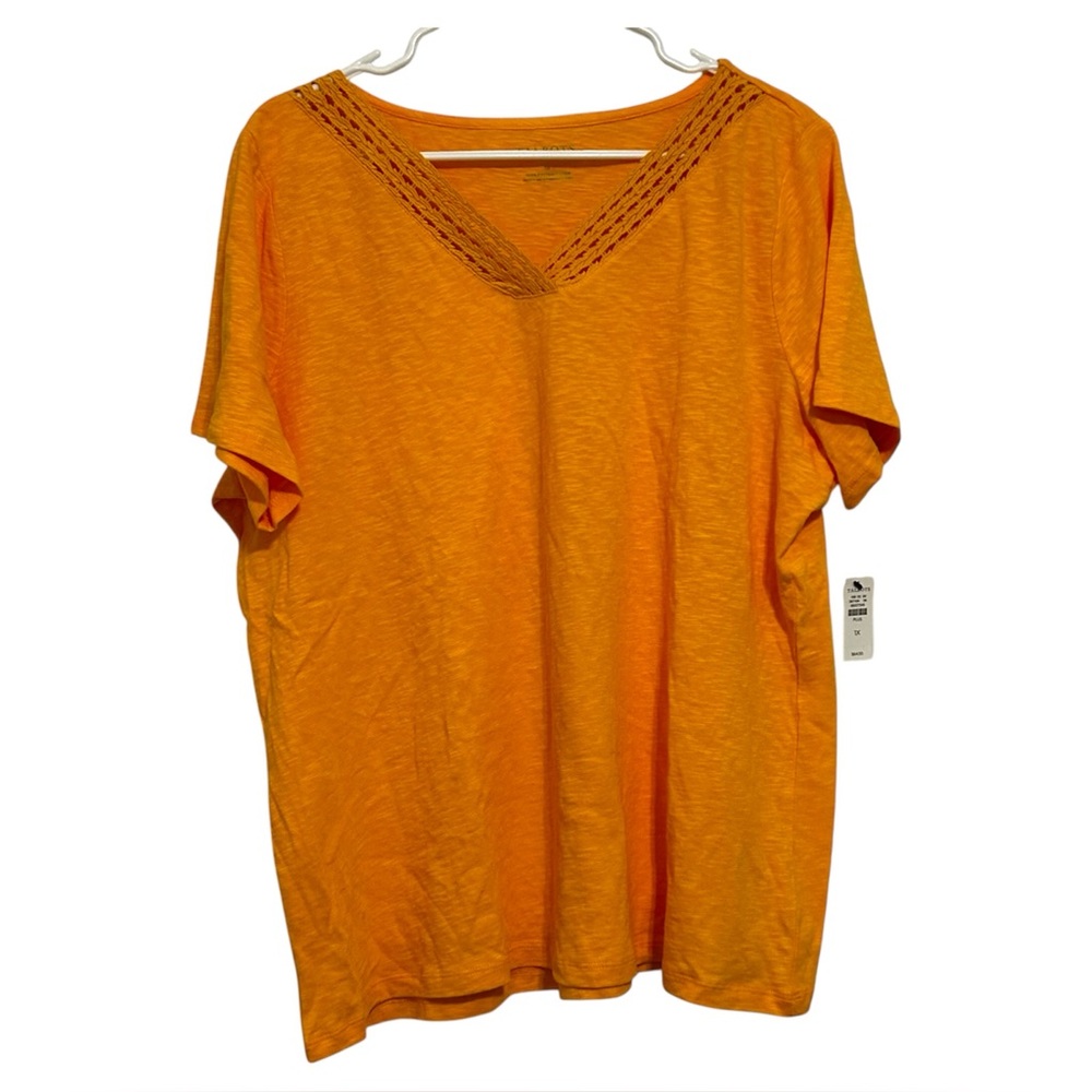Talbots Plus 1X Crochet Trim V-Neck Tee Orange Cotton Top NWT